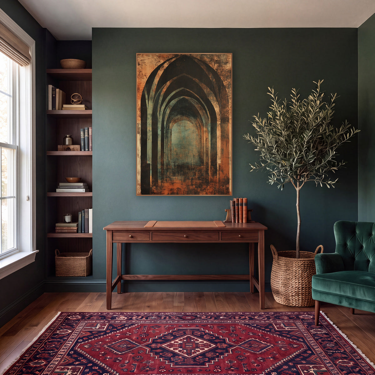 Rust and Teal Gothic Arches wall art in a moody dark academia room – nested pointed gothic arches in charcoal and rust