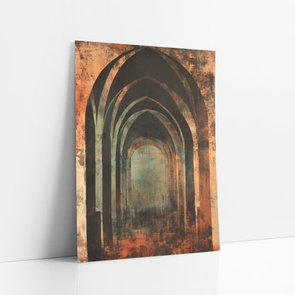Rust and Teal Gothic Arches art print leaning against a white wall – nested pointed gothic arches in charcoal and rust orange