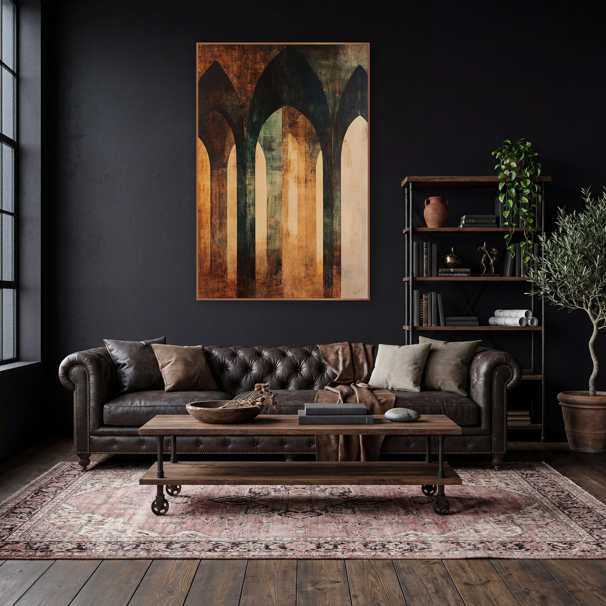 Rust Teal Gothic Arches Abstract wall art in a moody dark academia room – abstract of three tall gothic arches