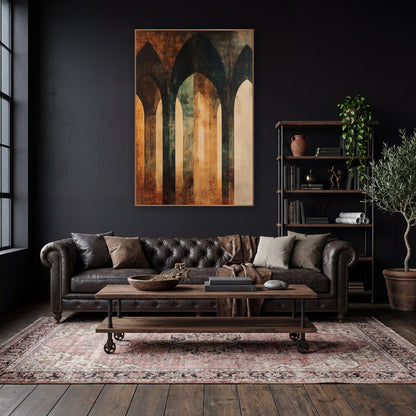 Rust Teal Gothic Arches Abstract wall art in a moody dark academia room – abstract of three tall gothic arches