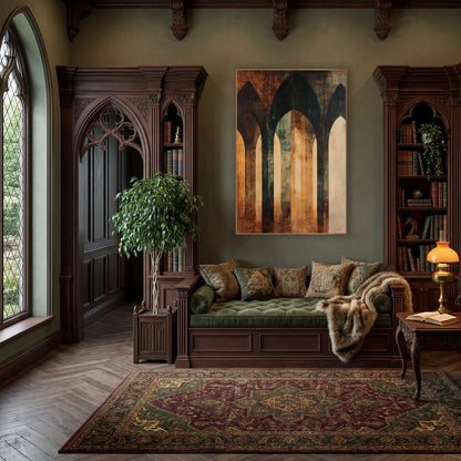 Rust Teal Gothic Arches Abstract wall art in a moody dark academia room – abstract of three tall gothic arches