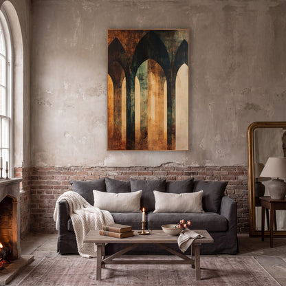 Rust Teal Gothic Arches Abstract wall art in a moody dark academia room – abstract of three tall gothic arches