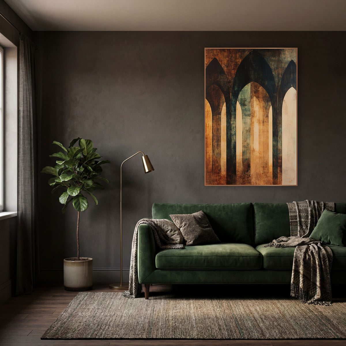 Rust Teal Gothic Arches Abstract wall art in a moody dark academia room – abstract of three tall gothic arches