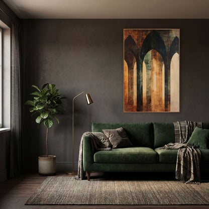Rust Teal Gothic Arches Abstract wall art in a moody dark academia room – abstract of three tall gothic arches