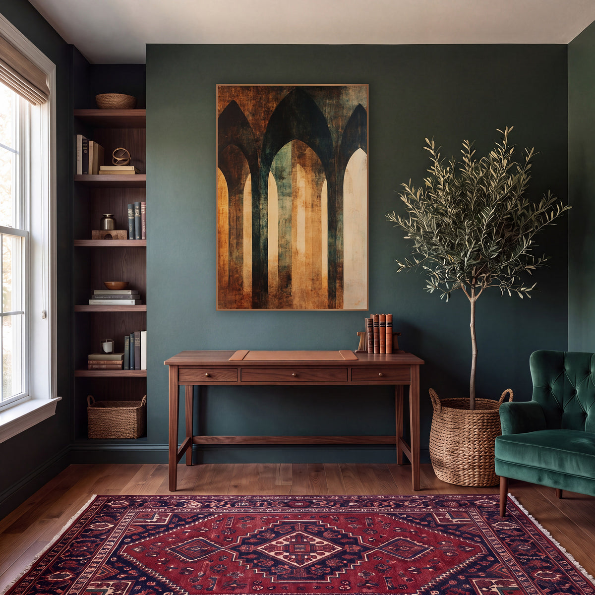 Rust Teal Gothic Arches Abstract wall art in a moody dark academia room – abstract of three tall gothic arches
