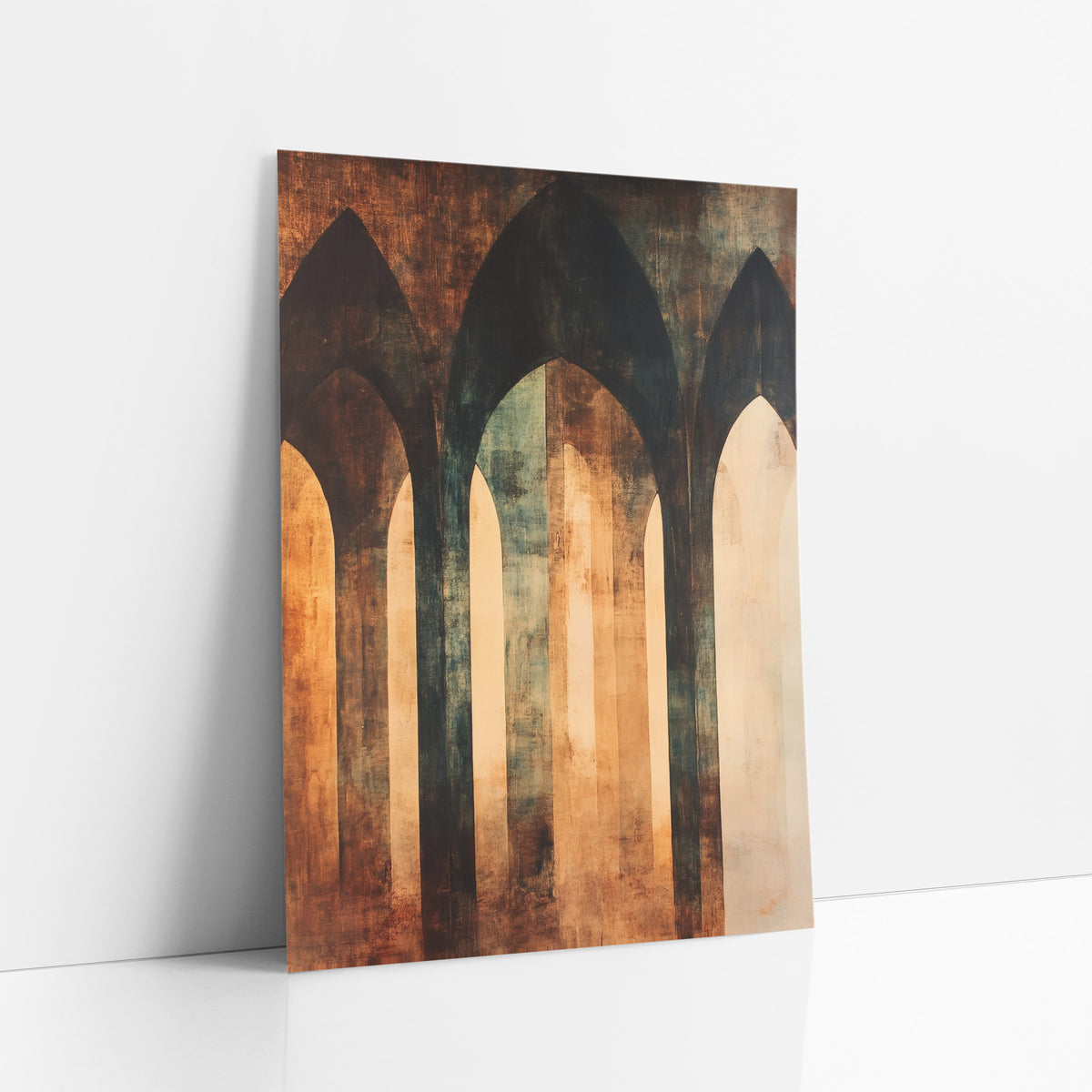 Rust Teal Gothic Arches Abstract art print leaning against a white wall – abstract of three tall gothic arches in charcoal