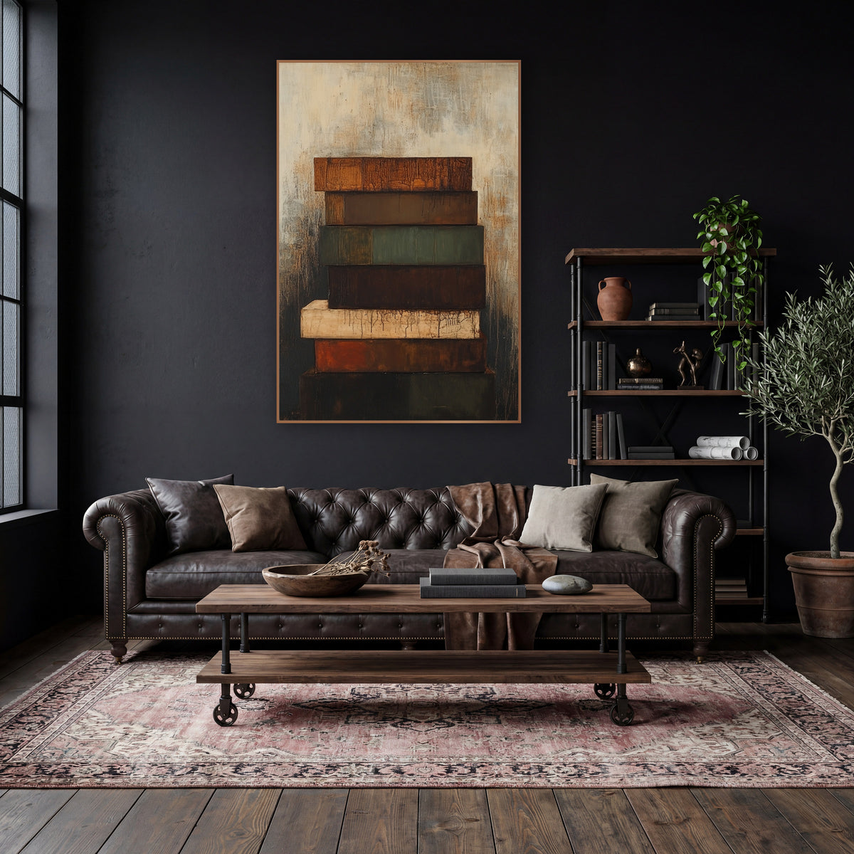 Rust and Moss Stacked Abstract wall art in a moody dark academia room – abstract stack of seven rust, brown, green
