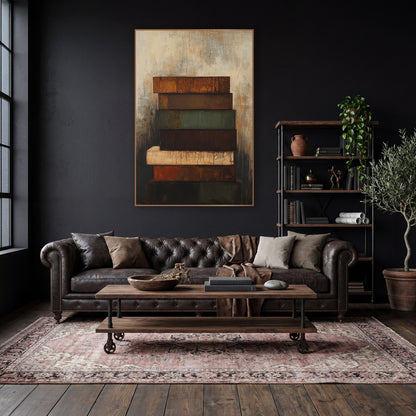 Rust and Moss Stacked Abstract wall art in a moody dark academia room – abstract stack of seven rust, brown, green