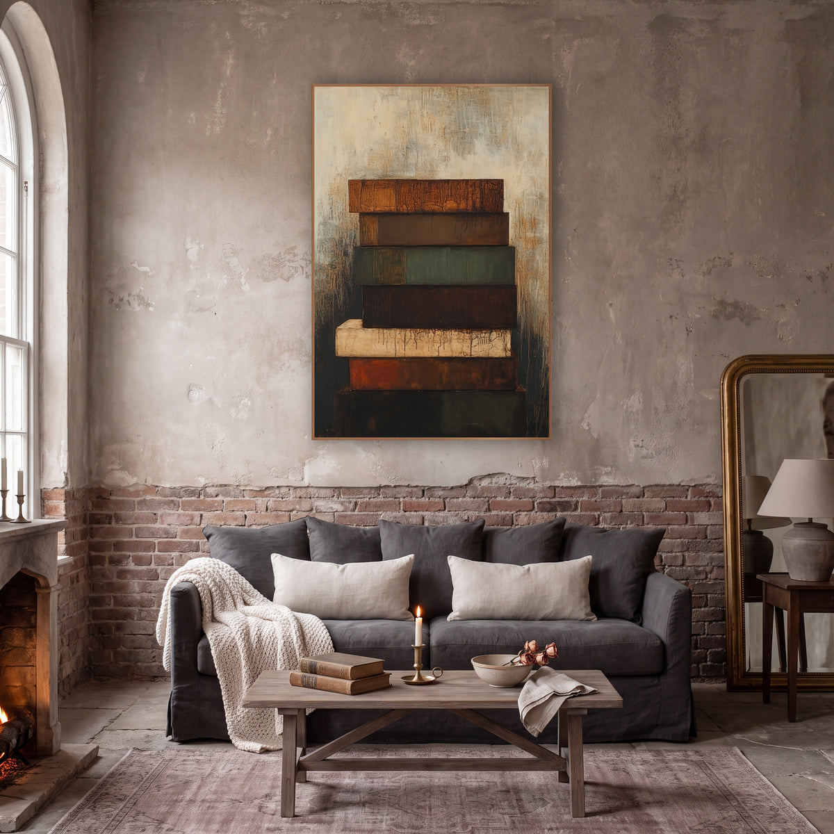 Rust and Moss Stacked Abstract wall art in a moody dark academia room – abstract stack of seven rust, brown, green