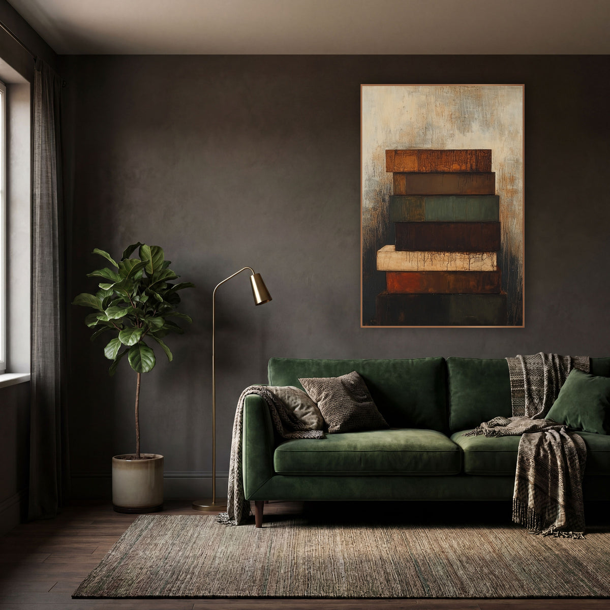 Rust and Moss Stacked Abstract wall art in a moody dark academia room – abstract stack of seven rust, brown, green