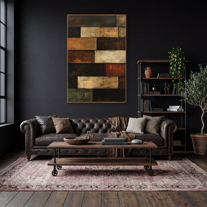 Rust Umber Stacked Rectangles Abstract wall art in a moody dark academia room – abstract artwork of stacked brown