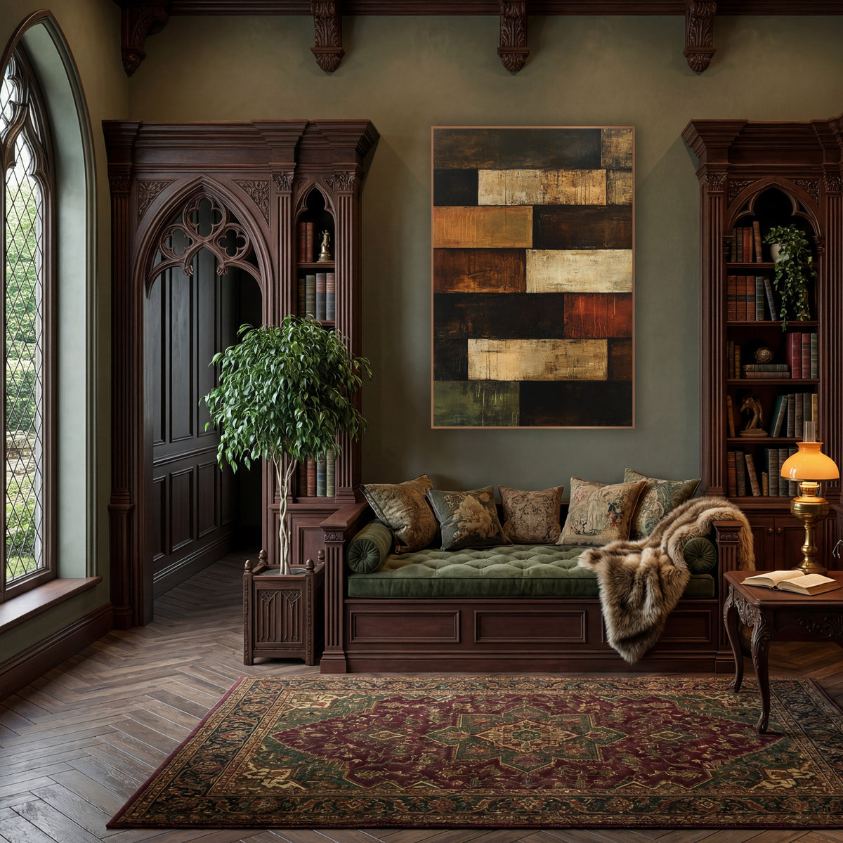 Rust Umber Stacked Rectangles Abstract wall art in a moody dark academia room – abstract artwork of stacked brown