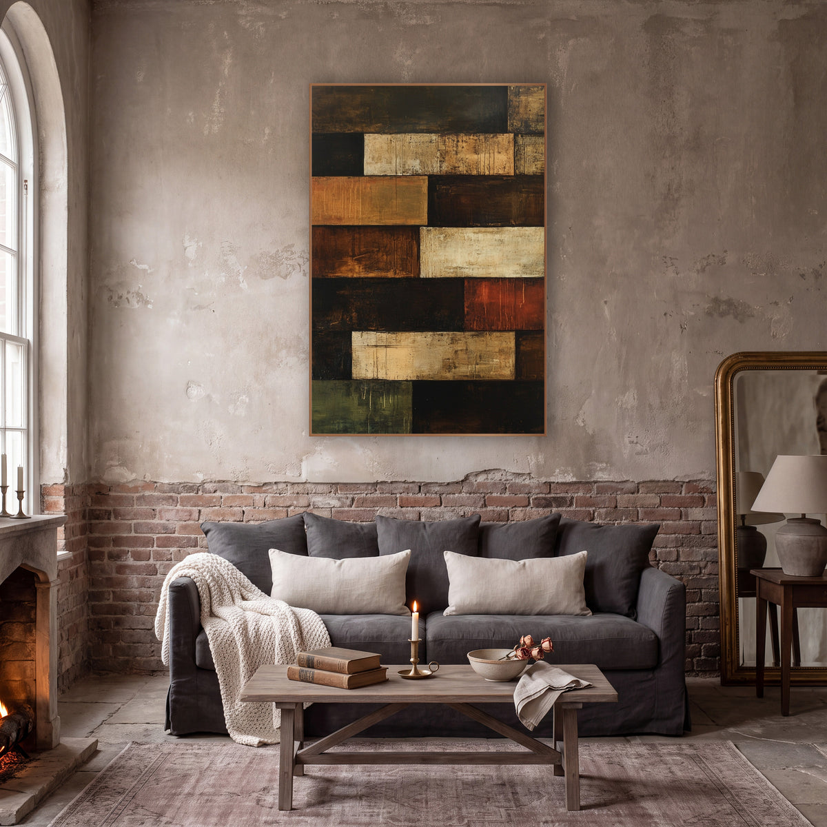 Rust Umber Stacked Rectangles Abstract wall art in a moody dark academia room – abstract artwork of stacked brown