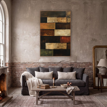 Rust Umber Stacked Rectangles Abstract wall art in a moody dark academia room – abstract artwork of stacked brown