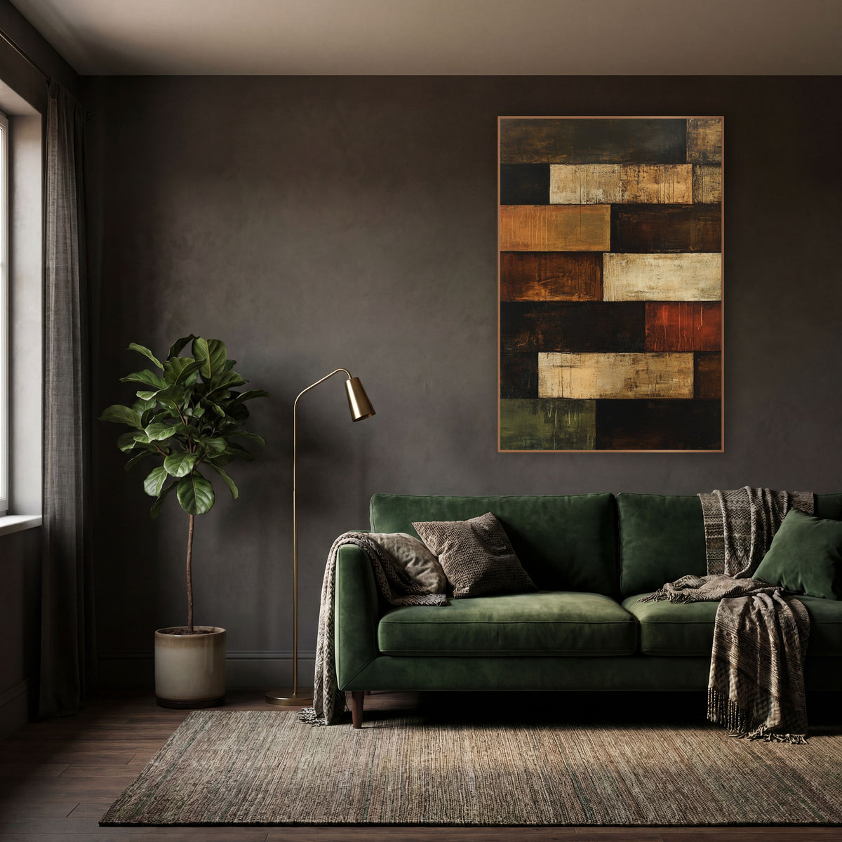Rust Umber Stacked Rectangles Abstract wall art in a moody dark academia room – abstract artwork of stacked brown