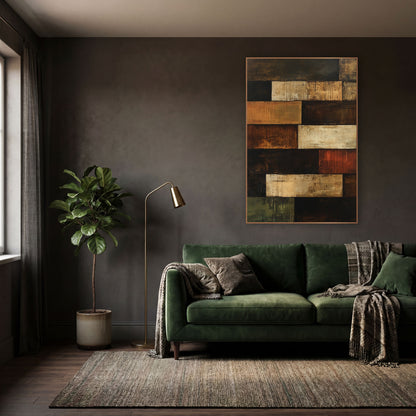 Rust Umber Stacked Rectangles Abstract wall art in a moody dark academia room – abstract artwork of stacked brown