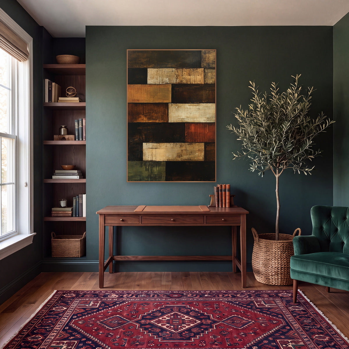 Rust Umber Stacked Rectangles Abstract wall art in a moody dark academia room – abstract artwork of stacked brown