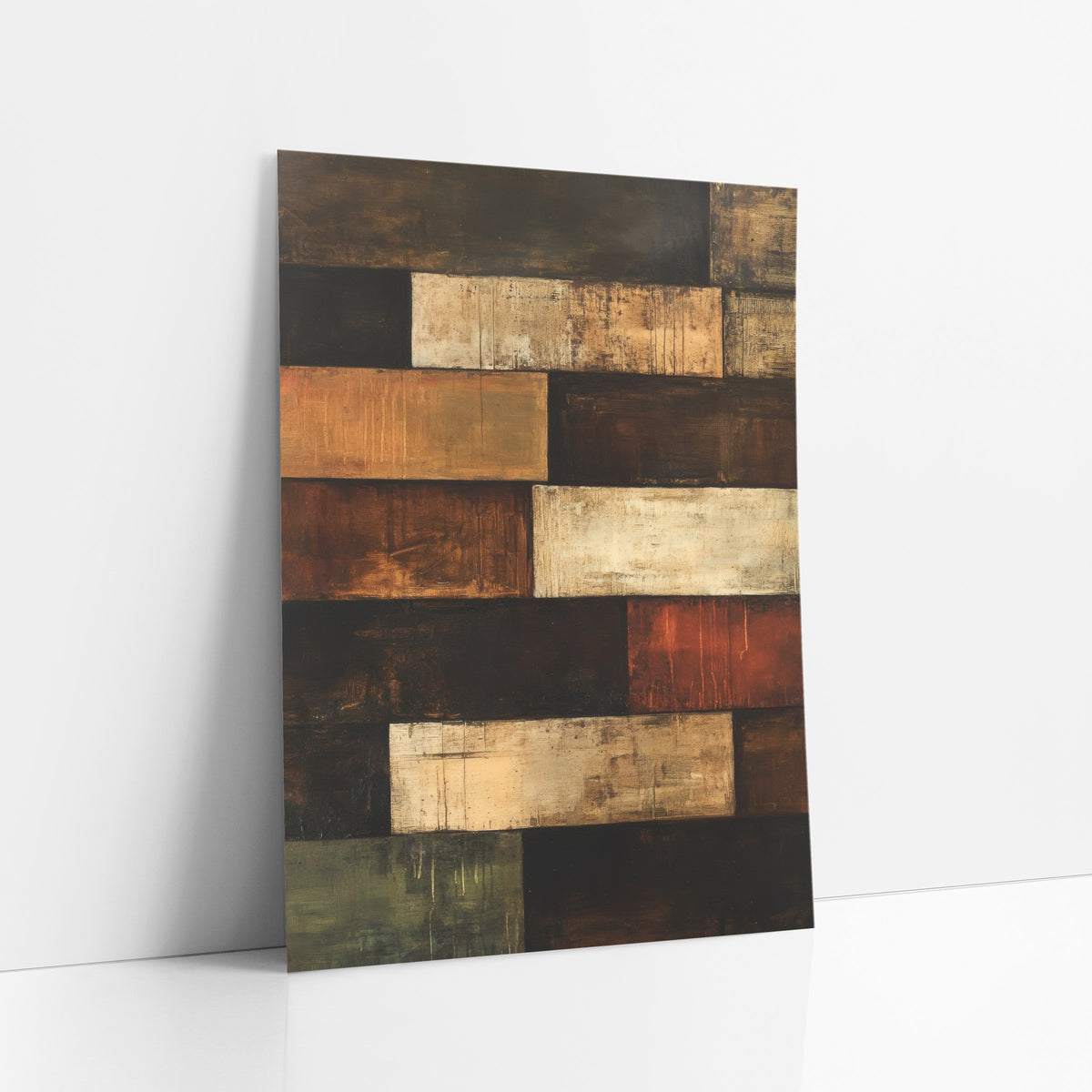 Rust Umber Stacked Rectangles Abstract art print leaning against a white wall – abstract artwork of stacked brown, black