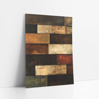 Rust Umber Stacked Rectangles Abstract art print leaning against a white wall – abstract artwork of stacked brown, black