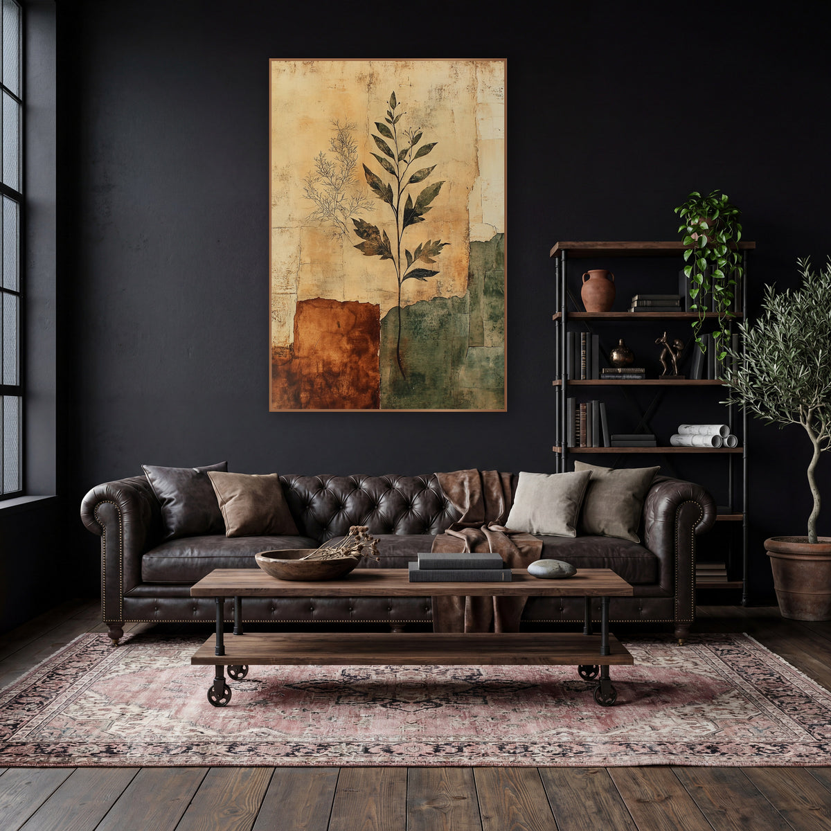Botanical Palimpsest Parchment Layers wall art in a moody dark academia room – dark leafy plant stem and faint