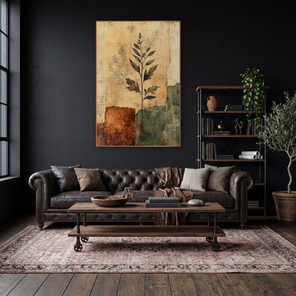 Botanical Palimpsest Parchment Layers wall art in a moody dark academia room – dark leafy plant stem and faint