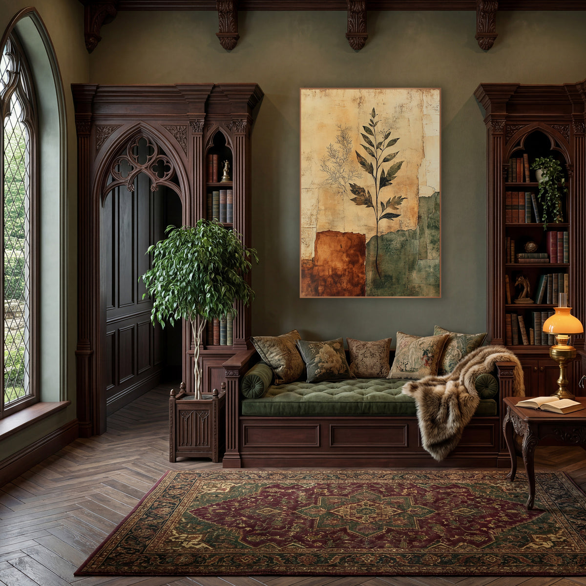 Botanical Palimpsest Parchment Layers wall art in a moody dark academia room – dark leafy plant stem and faint