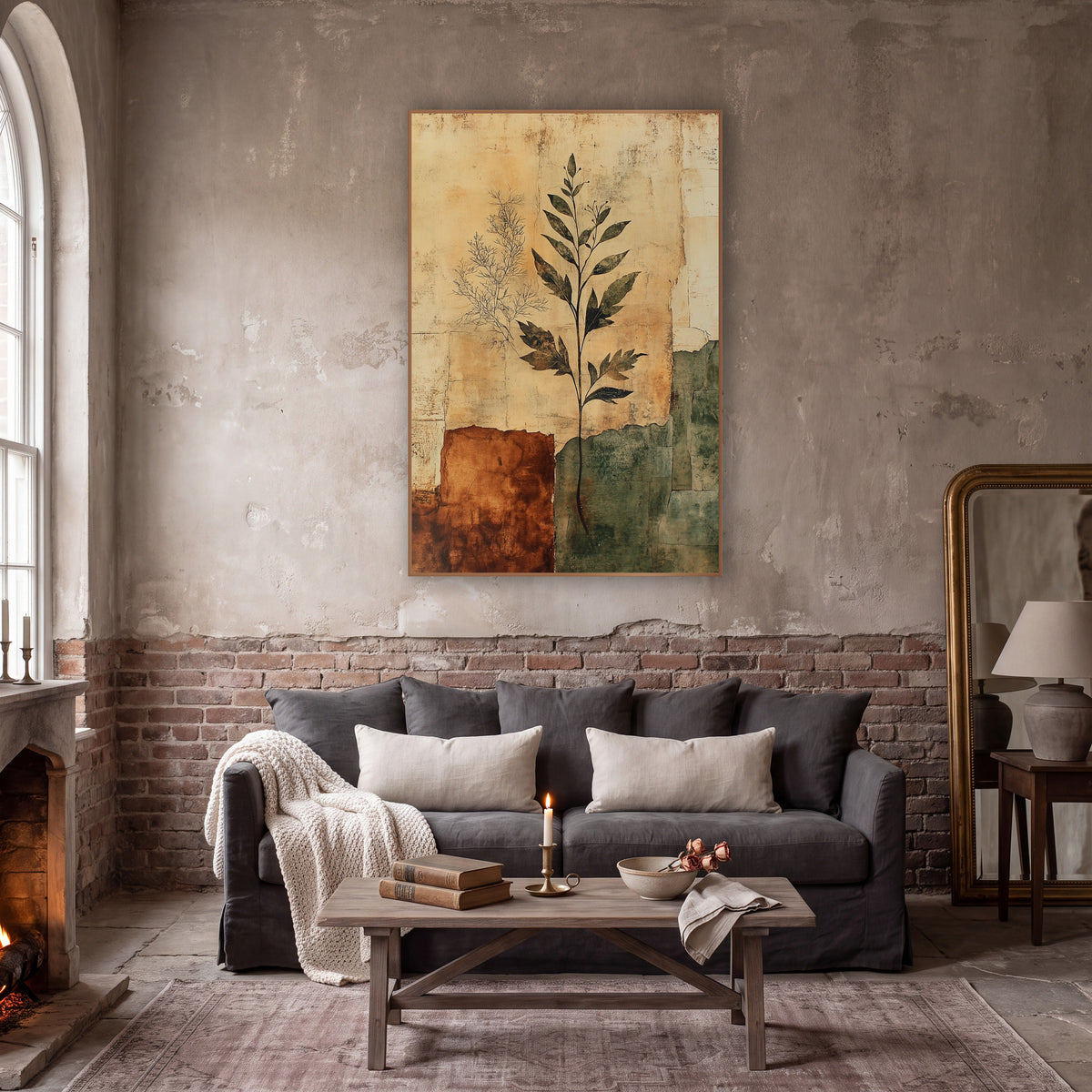 Botanical Palimpsest Parchment Layers wall art in a moody dark academia room – dark leafy plant stem and faint