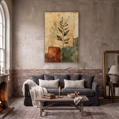 Botanical Palimpsest Parchment Layers wall art in a moody dark academia room – dark leafy plant stem and faint