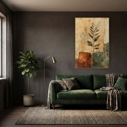 Botanical Palimpsest Parchment Layers wall art in a moody dark academia room – dark leafy plant stem and faint