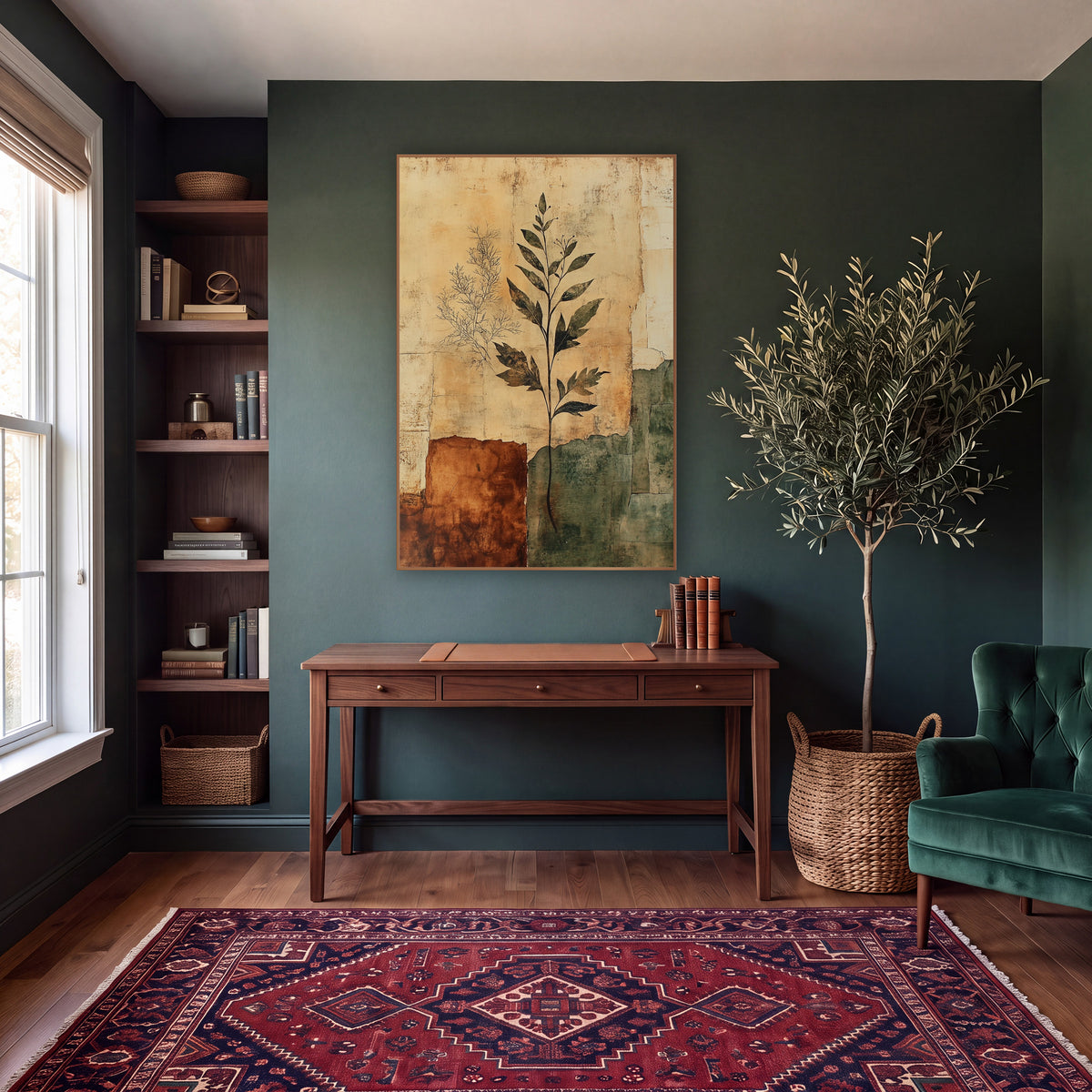 Botanical Palimpsest Parchment Layers wall art in a moody dark academia room – dark leafy plant stem and faint