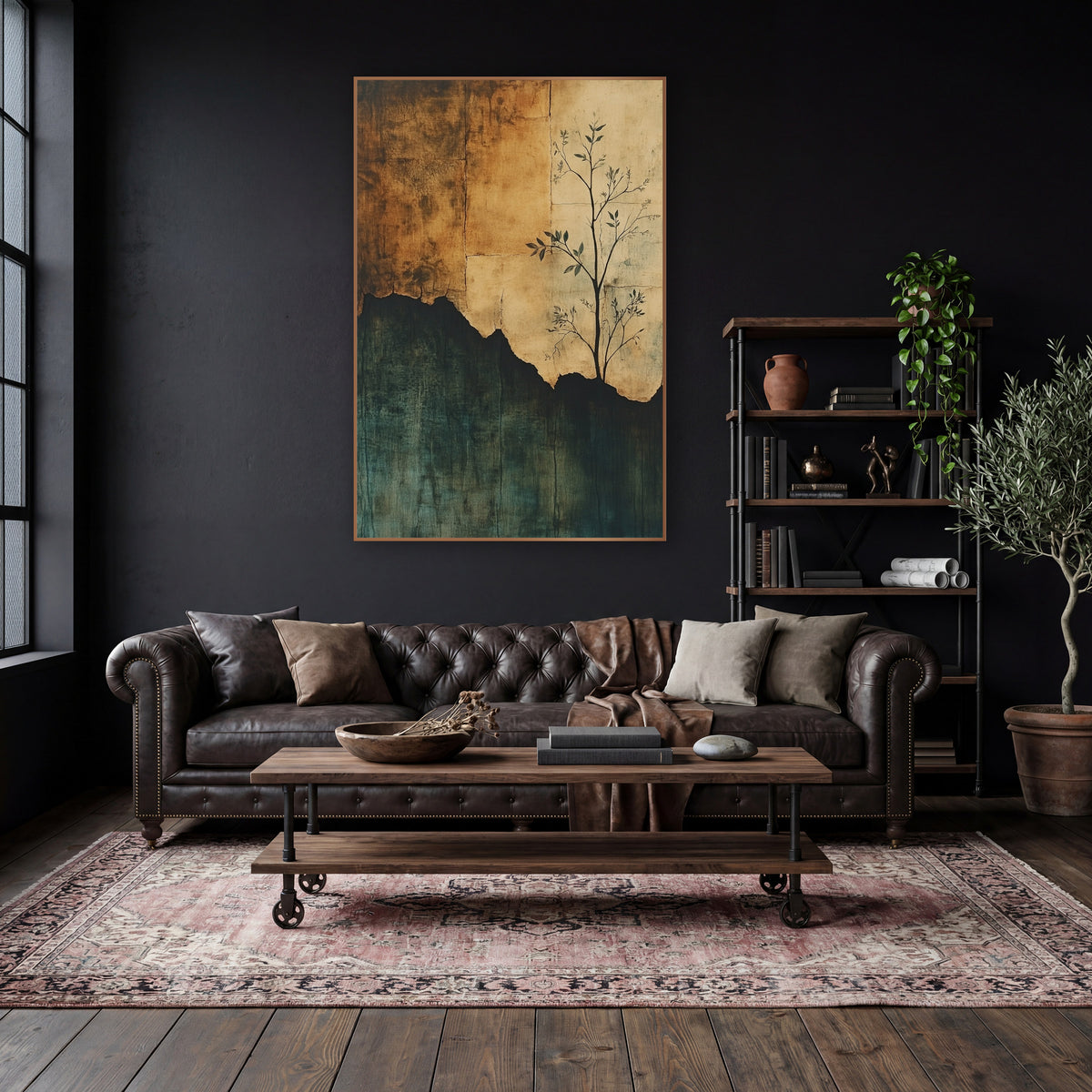 Sapling on Torn Parchment Abstract wall art in a moody dark academia room – slender sapling with dark leaves in front