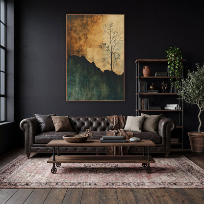 Sapling on Torn Parchment Abstract wall art in a moody dark academia room – slender sapling with dark leaves in front