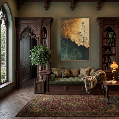 Sapling on Torn Parchment Abstract wall art in a moody dark academia room – slender sapling with dark leaves in front