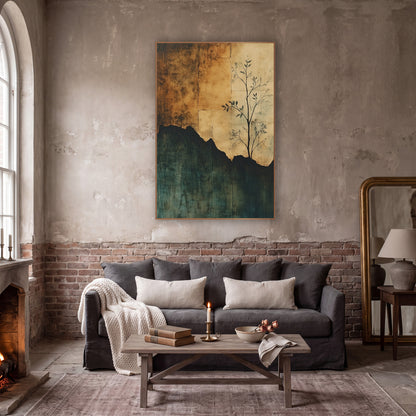 Sapling on Torn Parchment Abstract wall art in a moody dark academia room – slender sapling with dark leaves in front