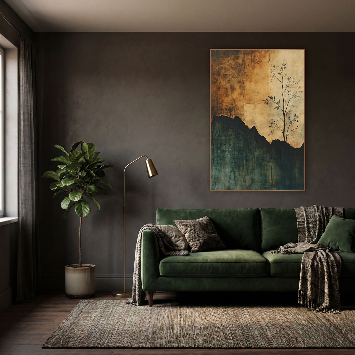 Sapling on Torn Parchment Abstract wall art in a moody dark academia room – slender sapling with dark leaves in front