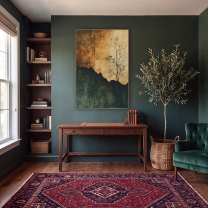Sapling on Torn Parchment Abstract wall art in a moody dark academia room – slender sapling with dark leaves in front