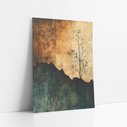 Sapling on Torn Parchment Abstract art print leaning against a white wall – slender sapling with dark leaves in front