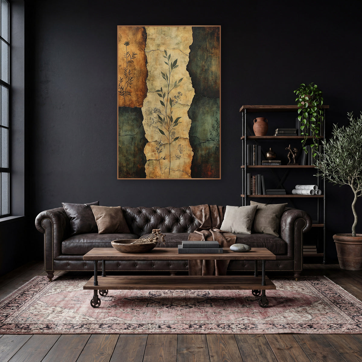 Torn Parchment Botanical Sprigs Abstract wall art in a moody dark academia room – abstract botanical artwork of leafy