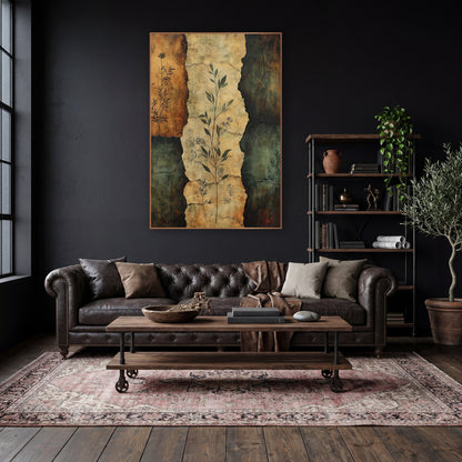 Torn Parchment Botanical Sprigs Abstract wall art in a moody dark academia room – abstract botanical artwork of leafy