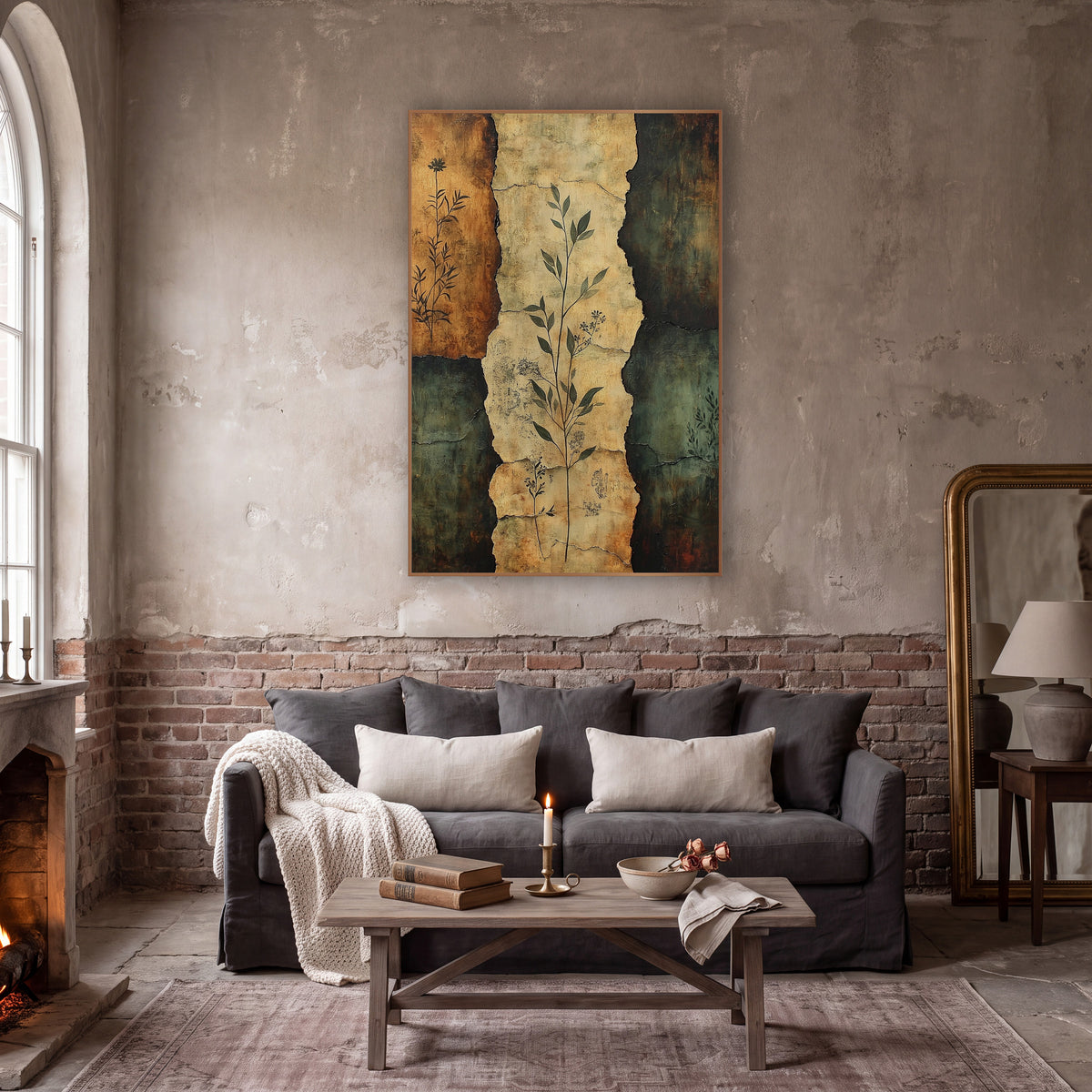 Torn Parchment Botanical Sprigs Abstract wall art in a moody dark academia room – abstract botanical artwork of leafy