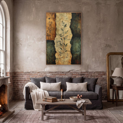Torn Parchment Botanical Sprigs Abstract wall art in a moody dark academia room – abstract botanical artwork of leafy