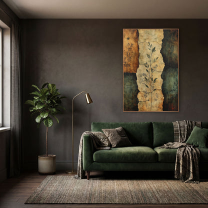 Torn Parchment Botanical Sprigs Abstract wall art in a moody dark academia room – abstract botanical artwork of leafy