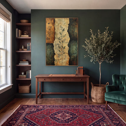 Torn Parchment Botanical Sprigs Abstract wall art in a moody dark academia room – abstract botanical artwork of leafy
