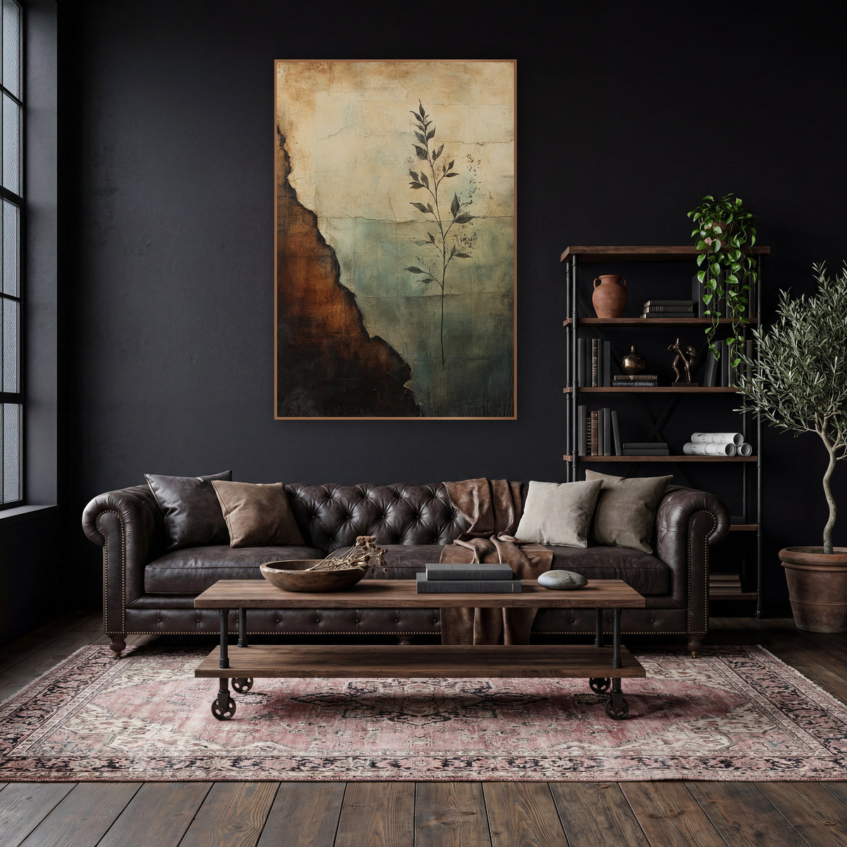 Torn Parchment Leafy Sprig Abstract wall art in a moody dark academia room – abstract artwork of a slender dark leafy