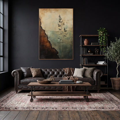 Torn Parchment Leafy Sprig Abstract wall art in a moody dark academia room – abstract artwork of a slender dark leafy