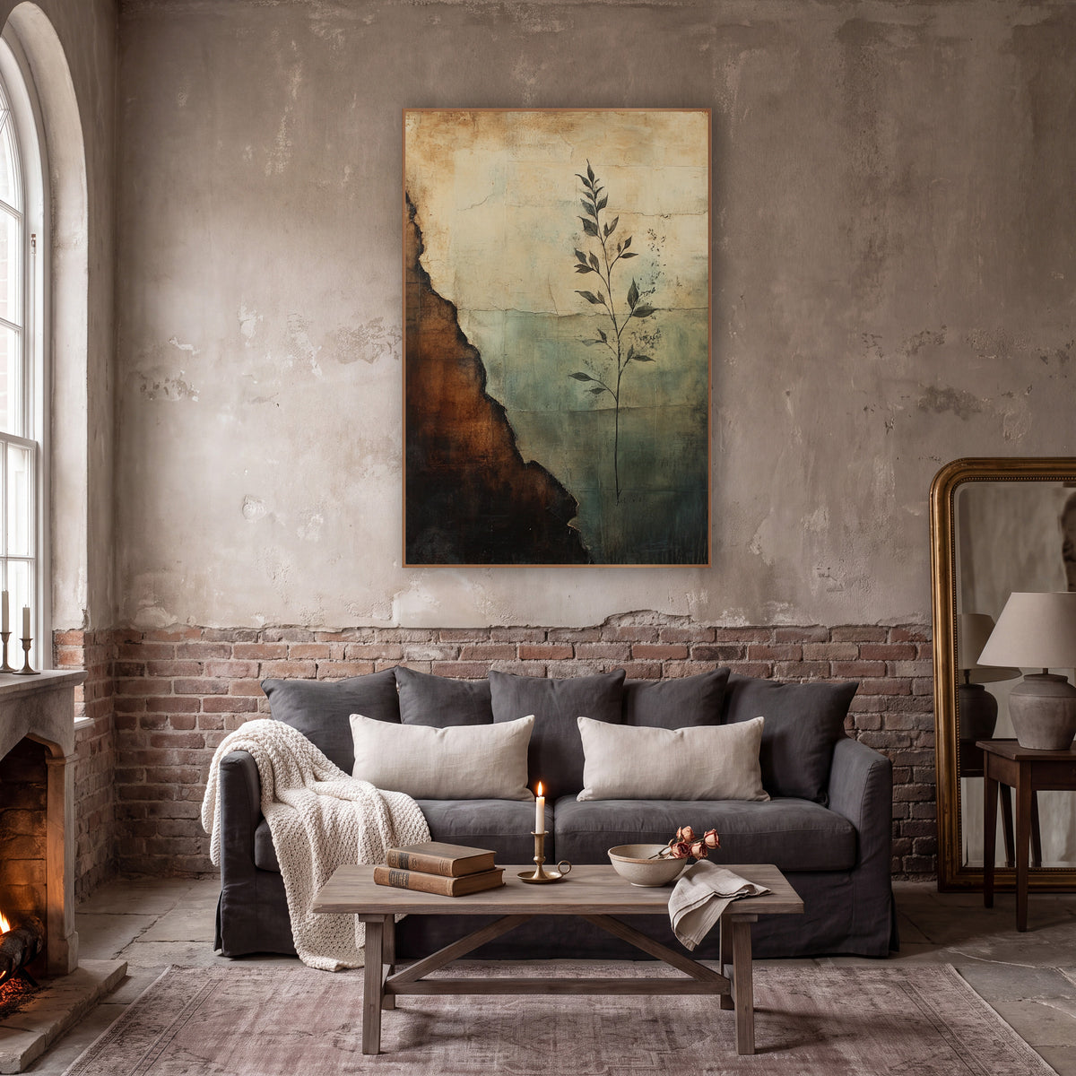 Torn Parchment Leafy Sprig Abstract wall art in a moody dark academia room – abstract artwork of a slender dark leafy