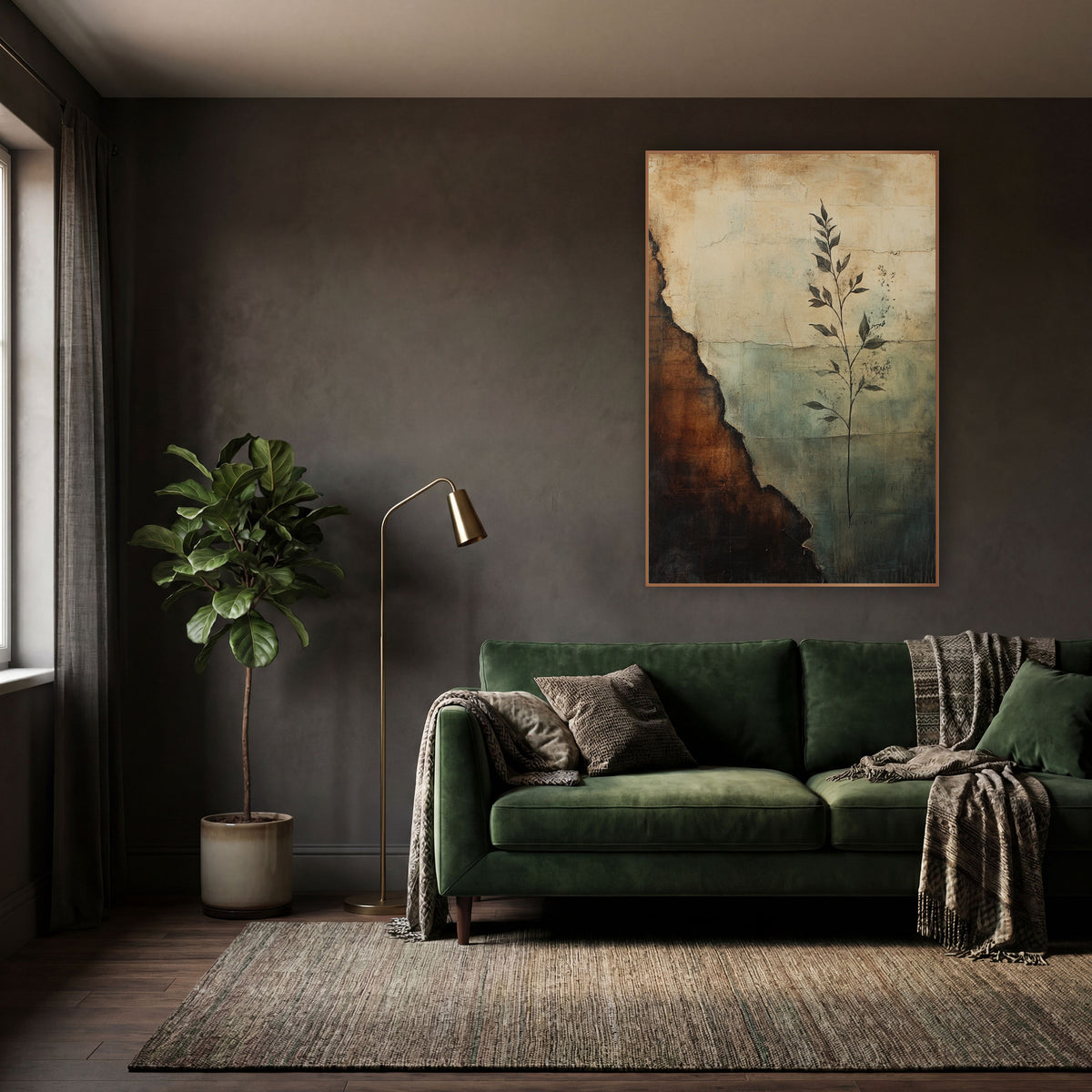 Torn Parchment Leafy Sprig Abstract wall art in a moody dark academia room – abstract artwork of a slender dark leafy