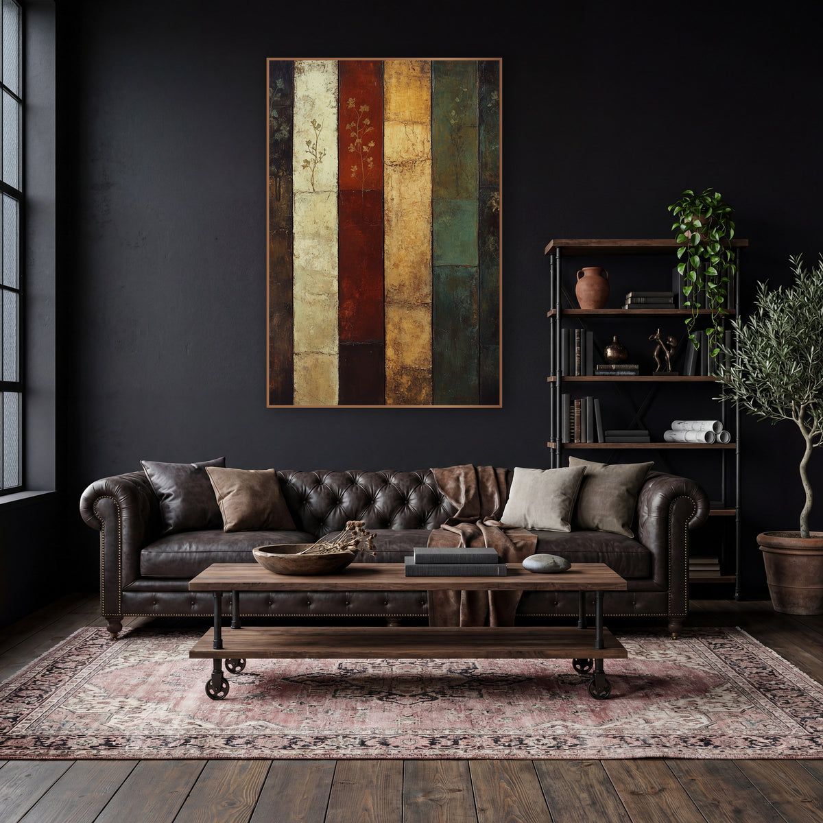 Six Panel Botanical Abstract Stripes wall art in a moody dark academia room – abstract artwork of six vertical bands