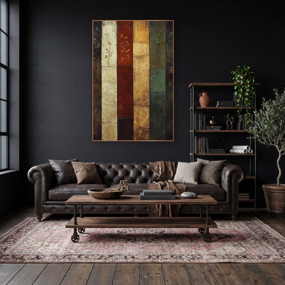 Six Panel Botanical Abstract Stripes wall art in a moody dark academia room – abstract artwork of six vertical bands