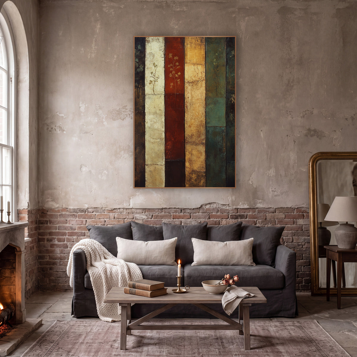 Six Panel Botanical Abstract Stripes wall art in a moody dark academia room – abstract artwork of six vertical bands